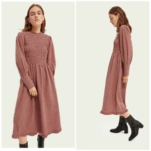 Scotch & Soda Women's Smocked Seersucker‎ Long Sleeve Midi Dress Coral Size XS